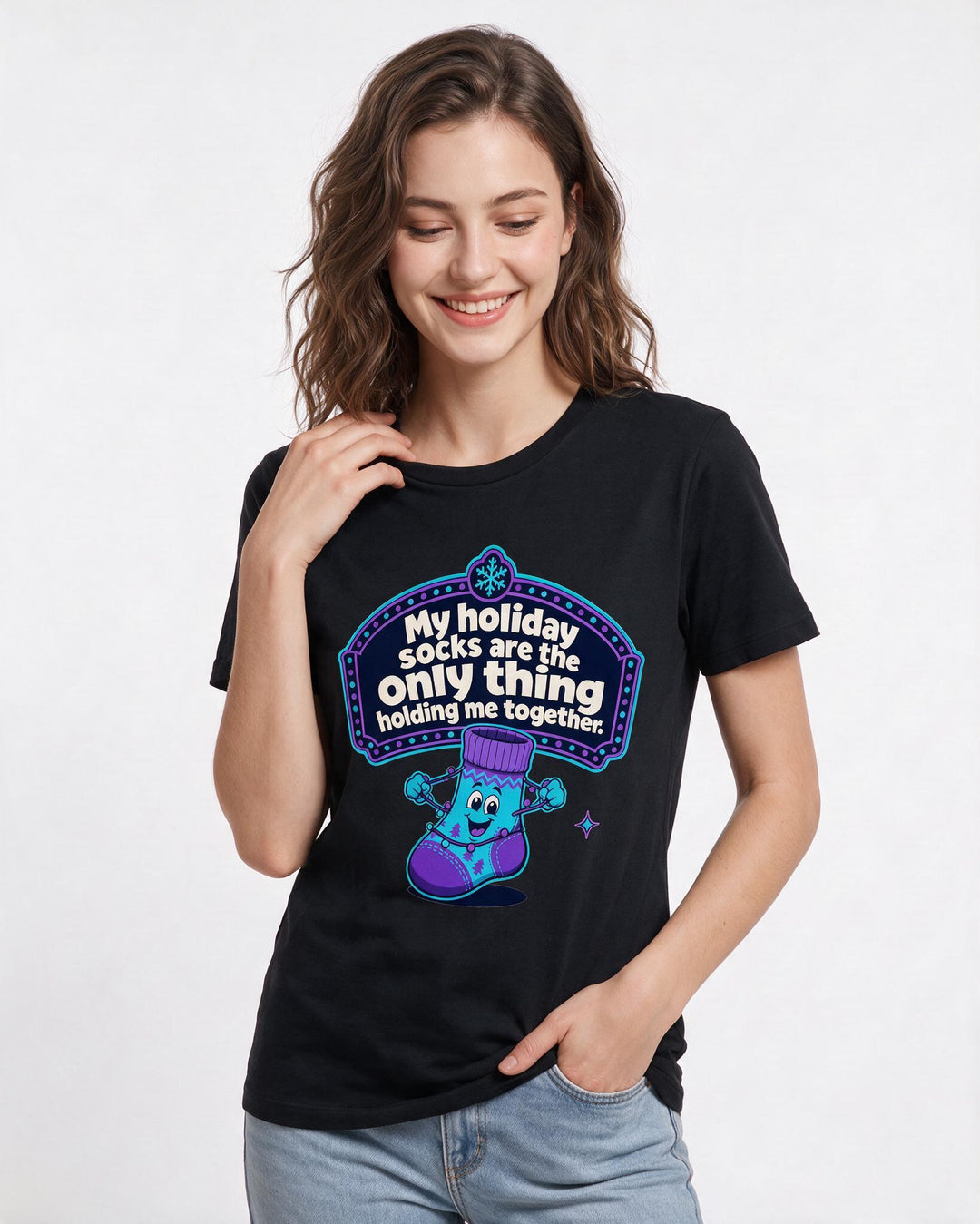 Christmas Women's Black T-Shirt - My holiday socks are the only thing product image 3