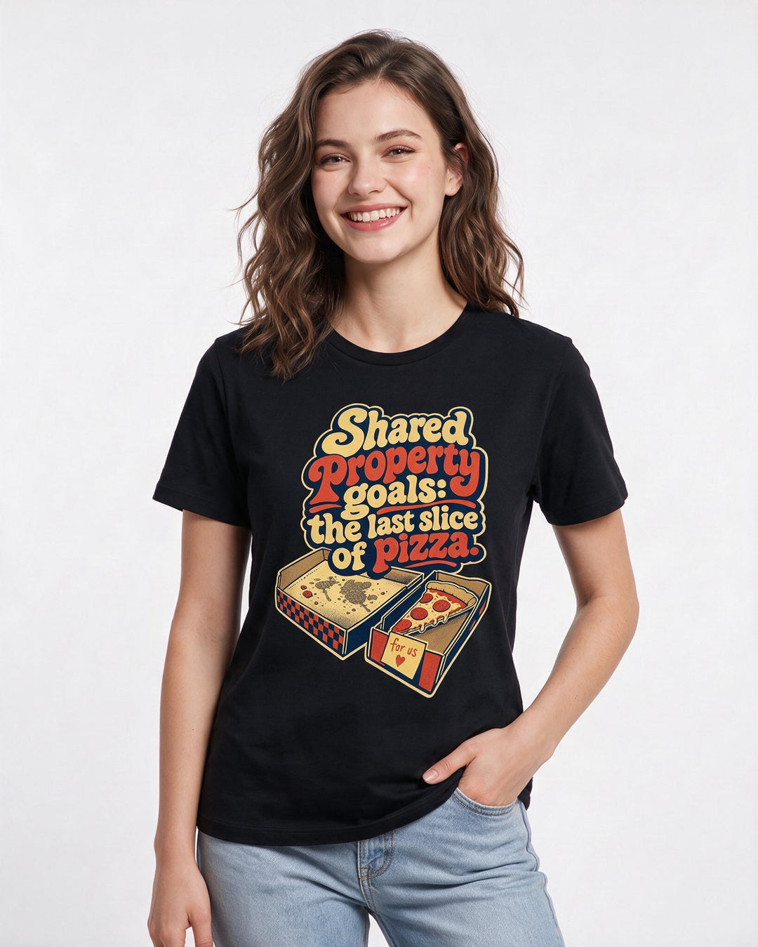 Couples Women's Black T-Shirt – Shared property goals: the last slice of pizza. product image 3