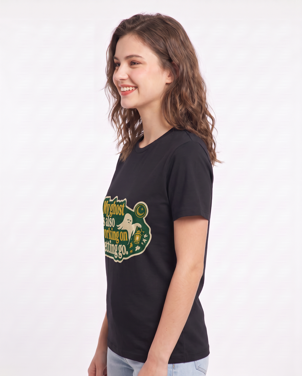 Halloween Women's Black T-Shirt - My ghost is also working on letting product image 2