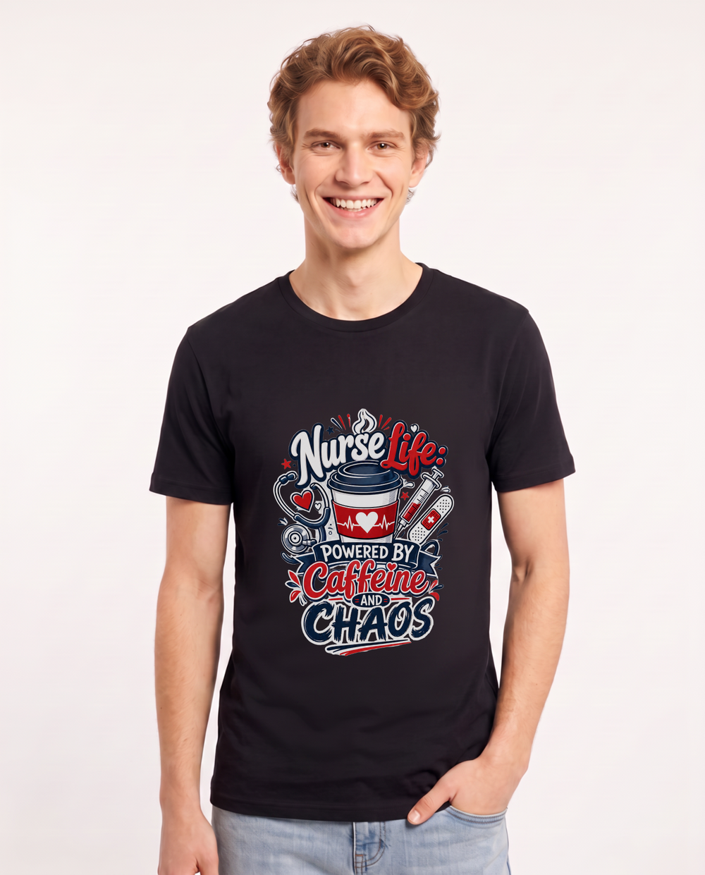Nurse Life: Powered by Caffeine and Chaos Men's Black T-Shirt product image 2