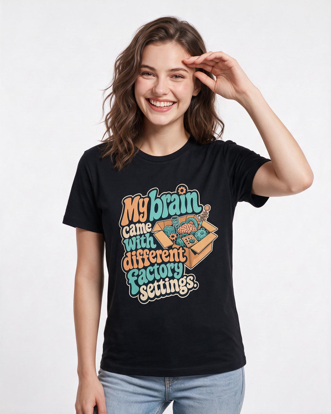 Neurodiversity Women's Black T-Shirt – My brain came with different factory settings. product image 3
