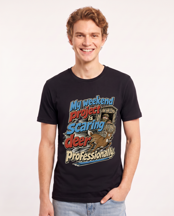 Funny Hunting Men's Black T-Shirt – My weekend project is scaring deer product image 1