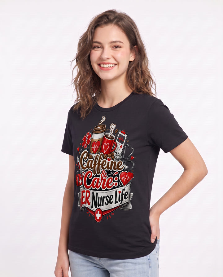 Caffeine & Care: ER Nurse Life Women's Black T-Shirt product image 3