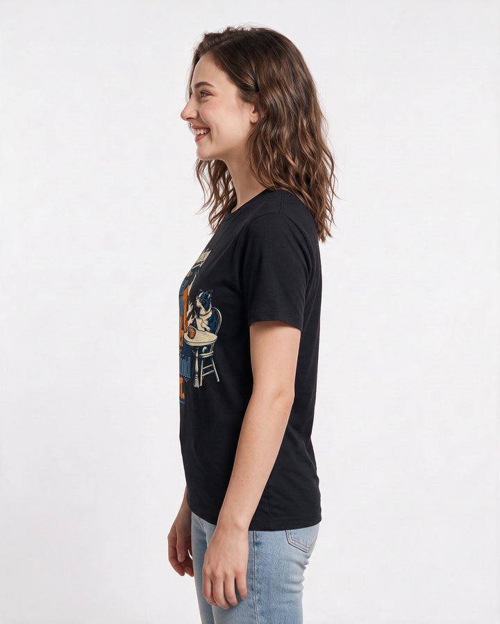 Funny Cat Lover Women's Black T-Shirt – Debating the finer points of dinner product image 2