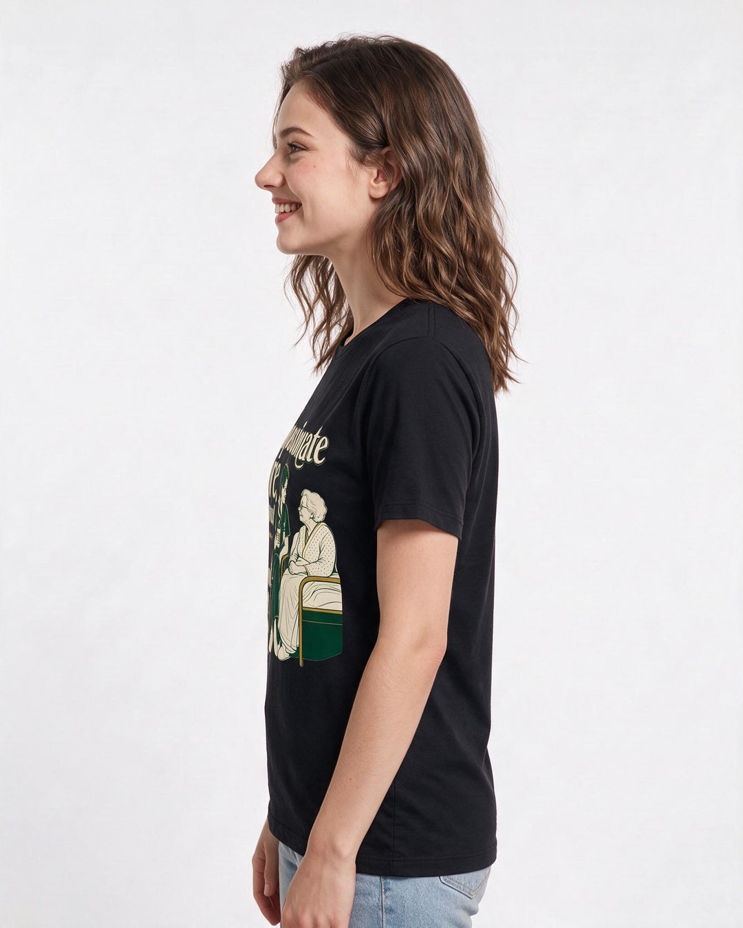 Nurse Women's Black T-Shirt – Compassionate care, performed one coffee-and-a-chat at a time. product image 2