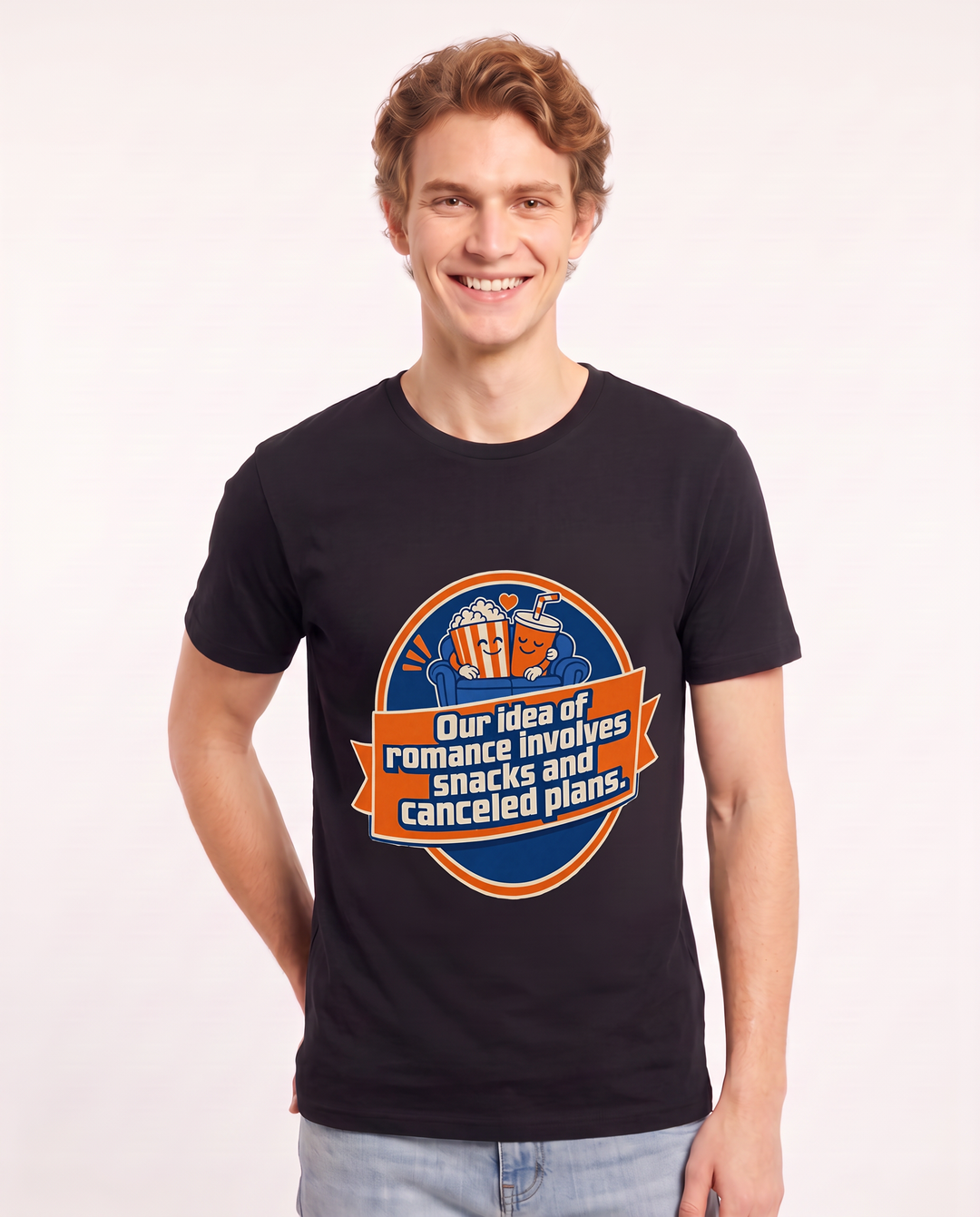 Our idea of romance involves snacks and canceled plans. - Men's Black T-Shirt product image 1
