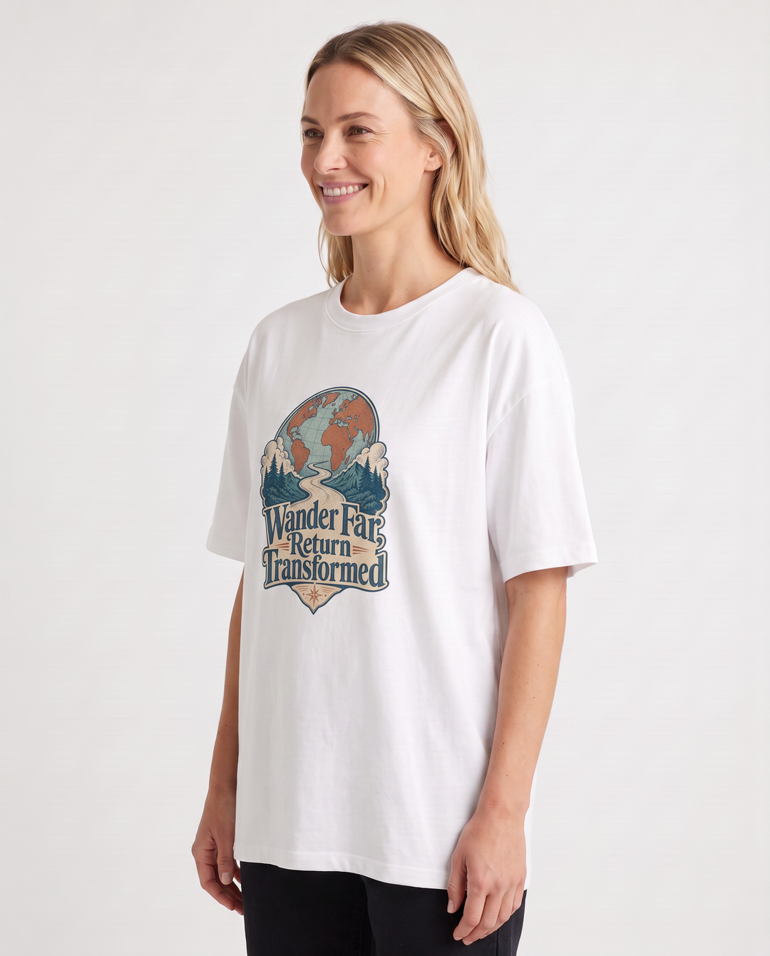 Wander Far, Return Transformed White T-Shirt mockup 2