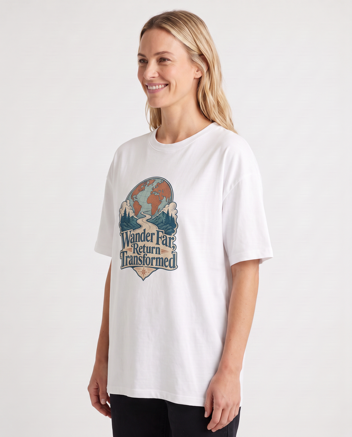 Wander Far, Return Transformed White T-Shirt mockup 2