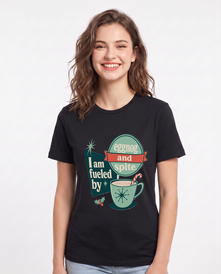Christmas Women's Black T-Shirt - I am fueled by eggnog and spite. product image 1