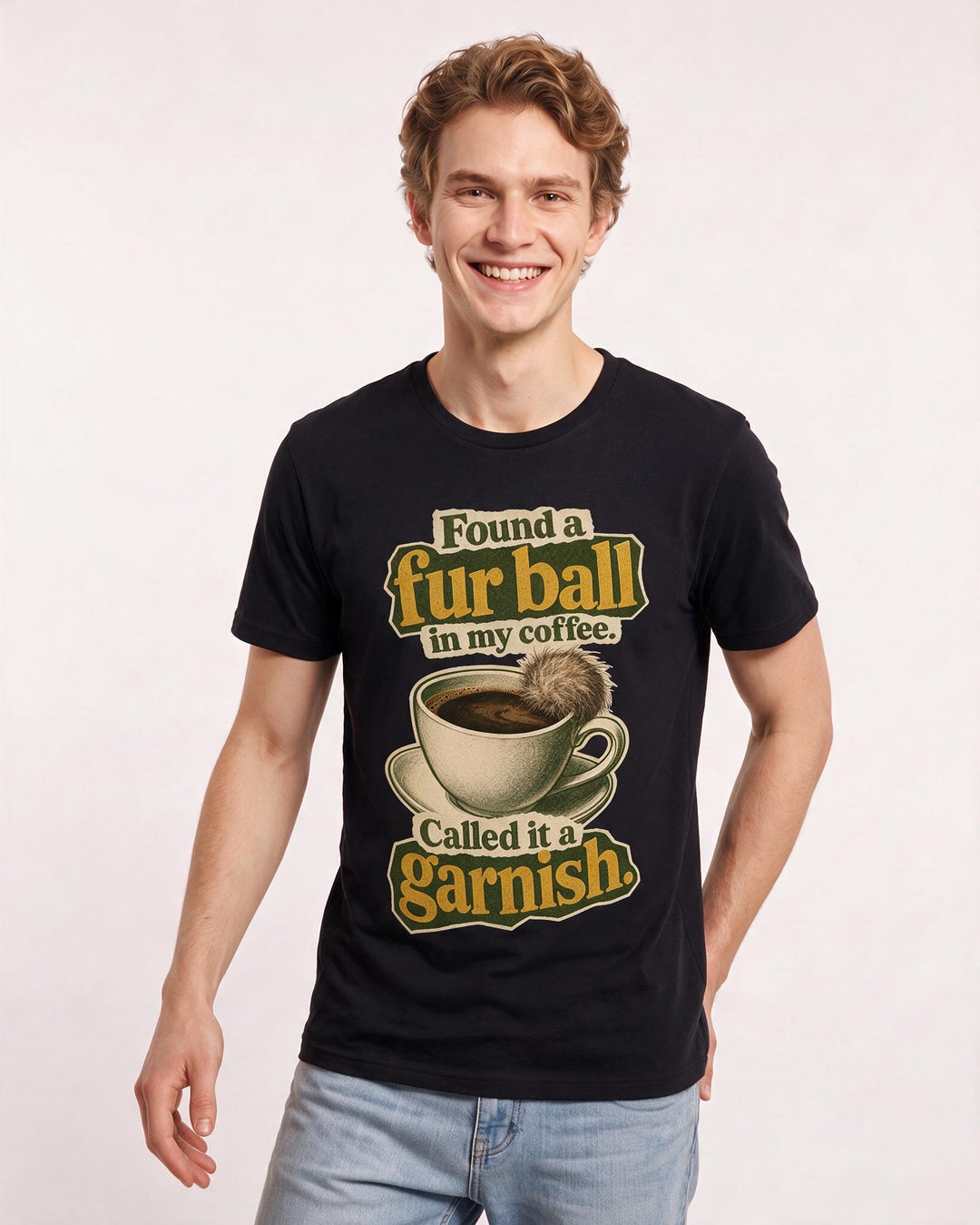 Funny Cat Lover Men's Black T-Shirt – Found a fur ball in my coffee. Called it a garnish. product image 3