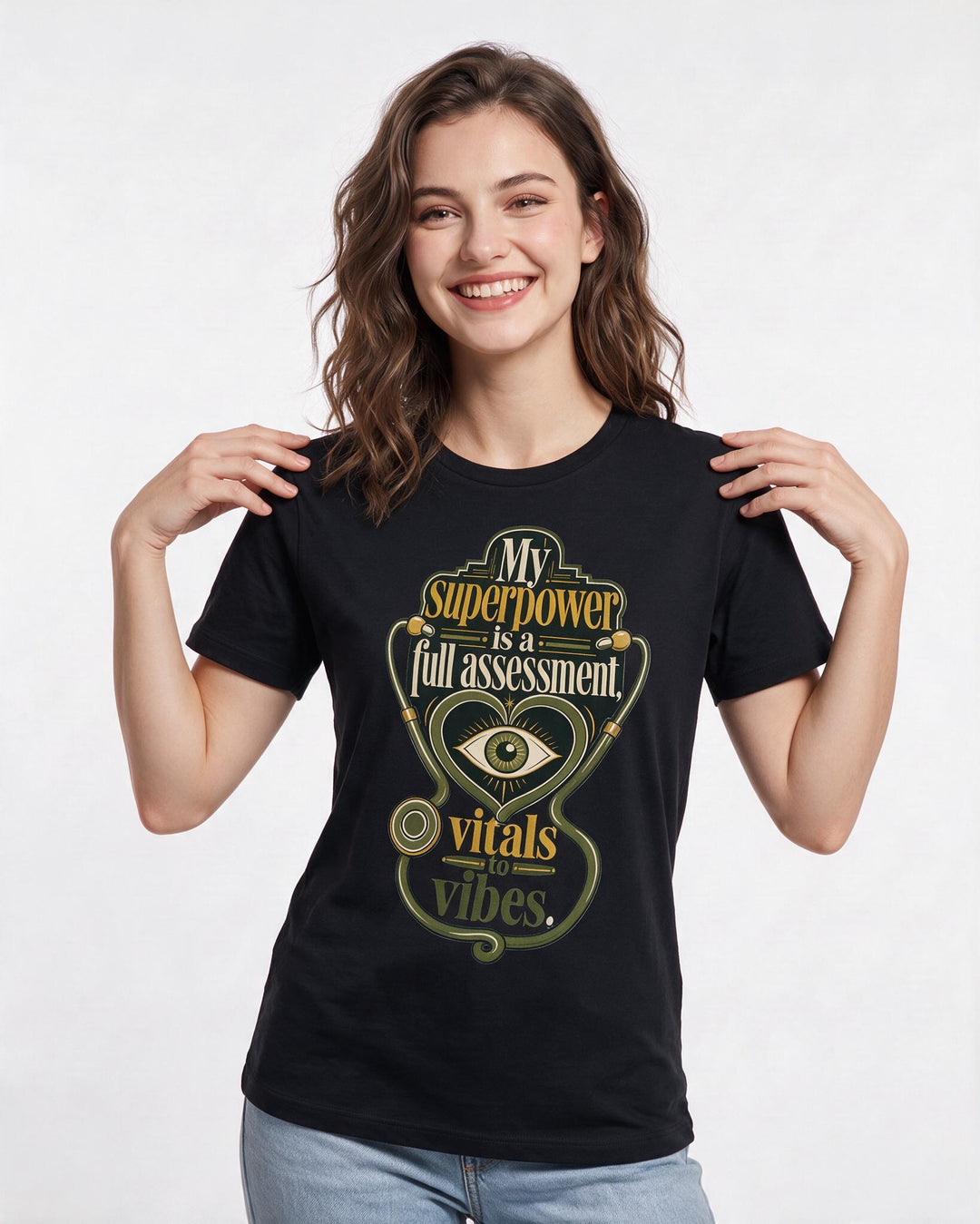 Nurse Women's Black T-Shirt – My superpower is a full assessment, vitals to vibes. product image 3