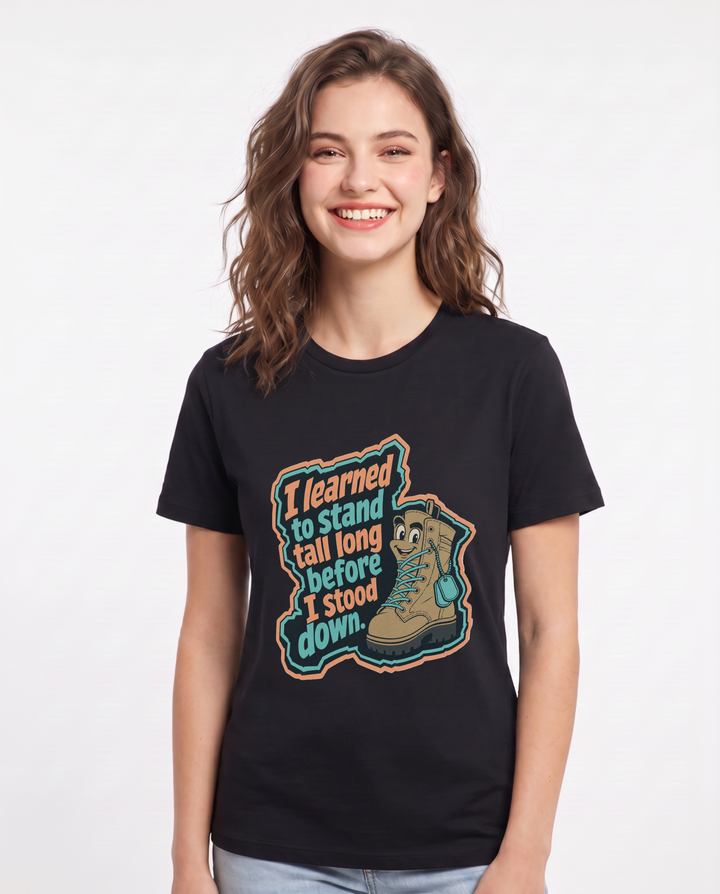 Graphic Women's Black T-Shirt - I learned to stand tall long before I product image 1