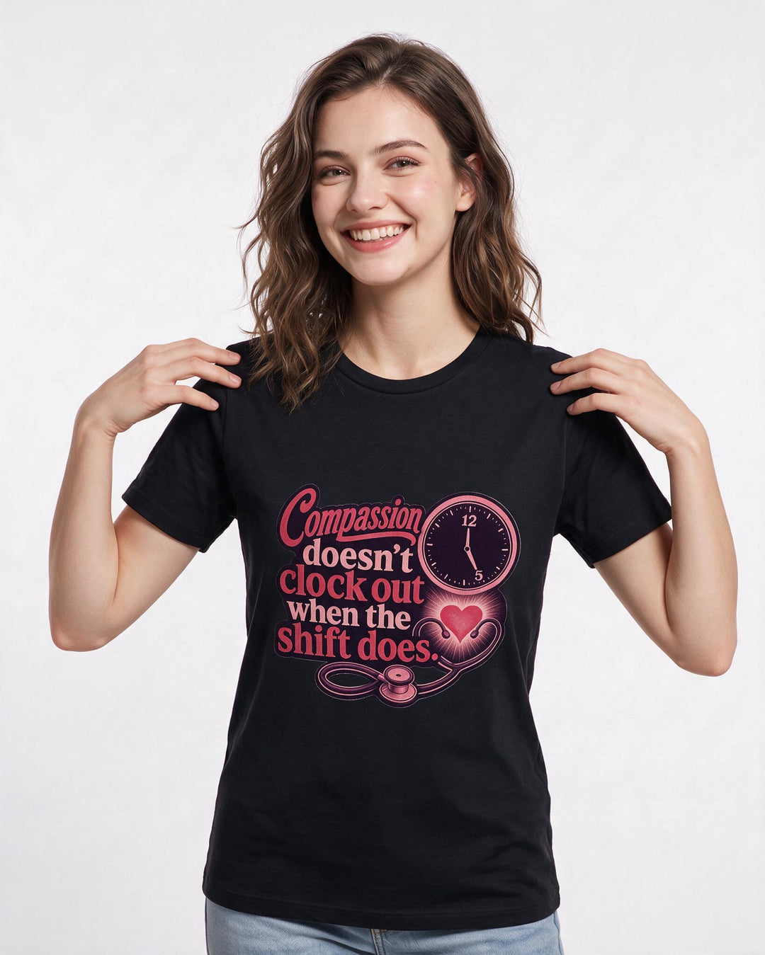 Nurse Women's Black T-Shirt – "Compassion doesn't clock out when the shift does." product image 3