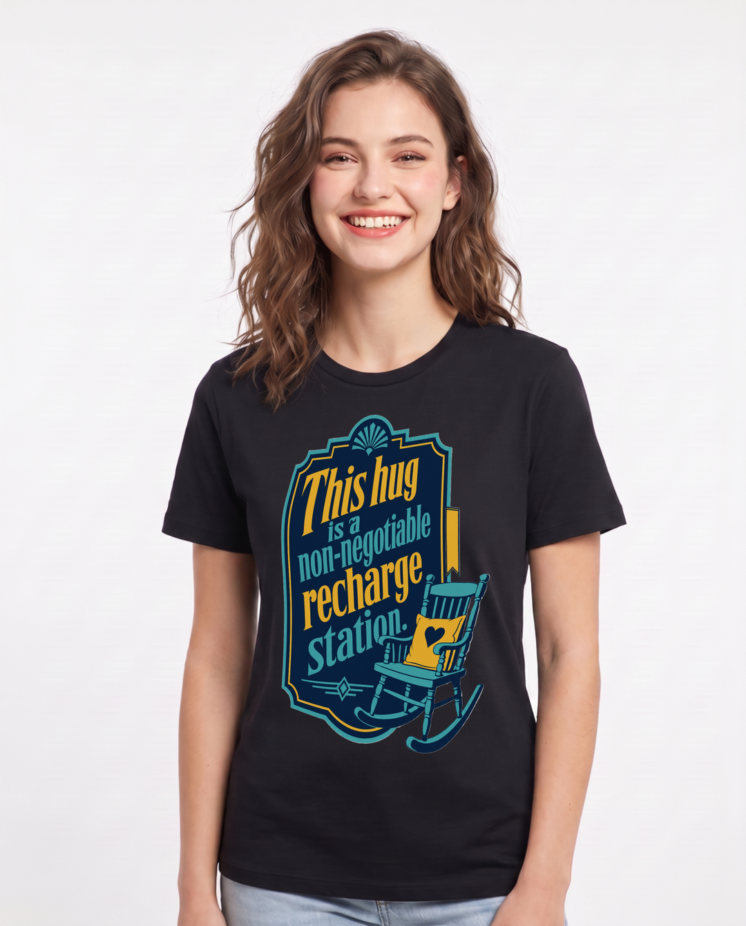 Graphic Women's Black T-Shirt - This hug is a non-negotiable recharge product image 1
