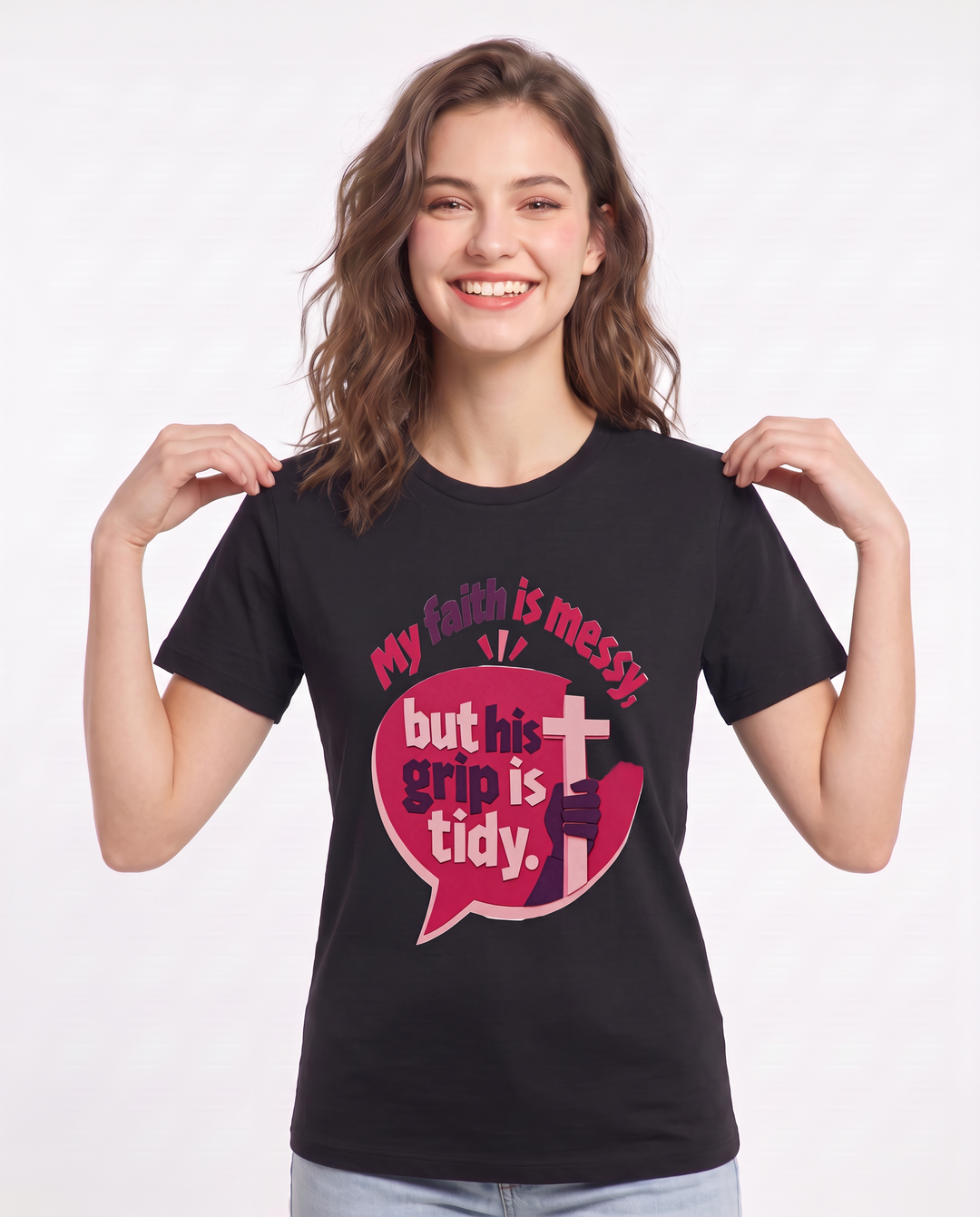 Graphic Women's Black T-Shirt - My faith is messy, but his grip is product image 3