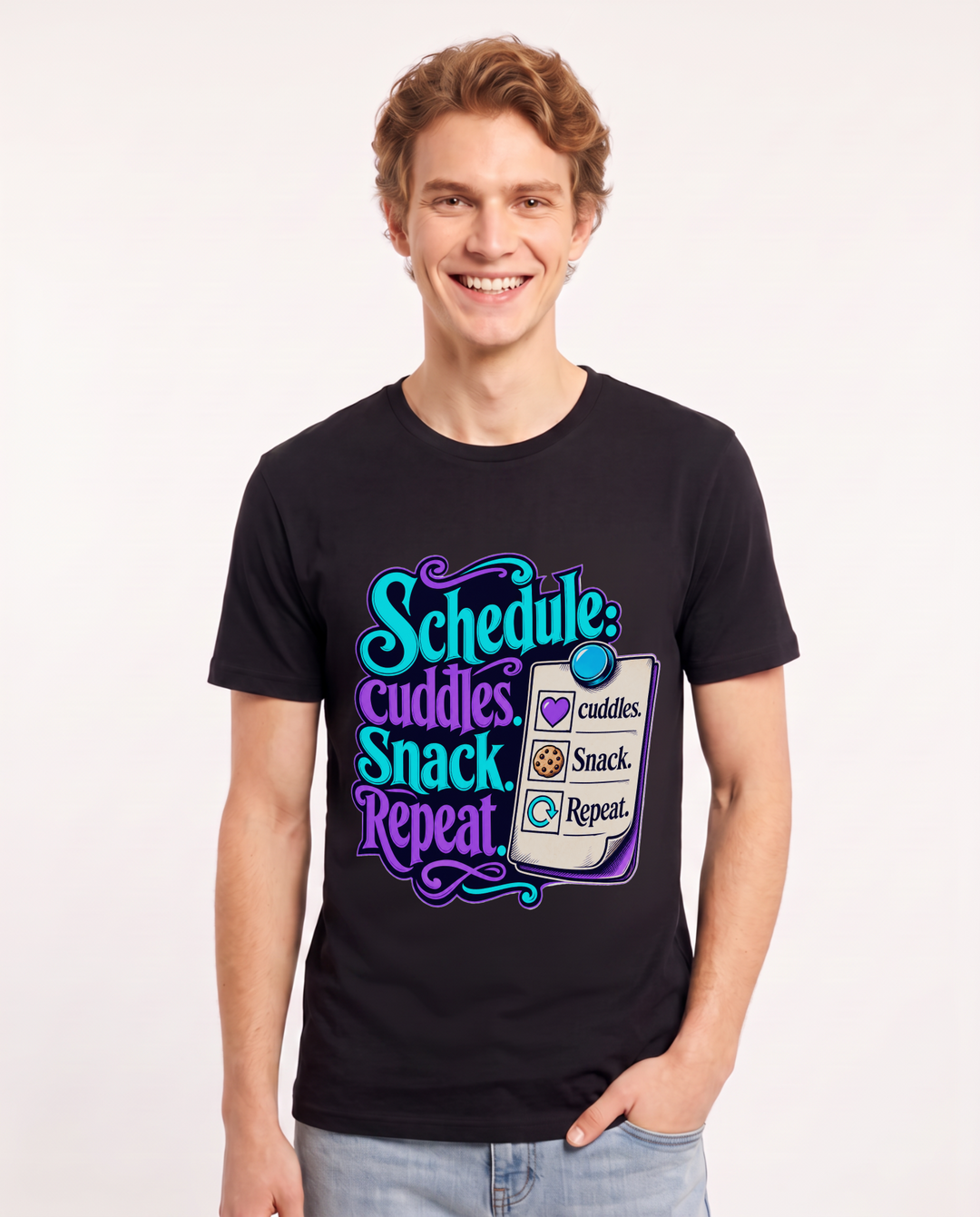 Family Men's Black T-Shirt – Schedule: cuddles. Snack. Repeat. product image 1