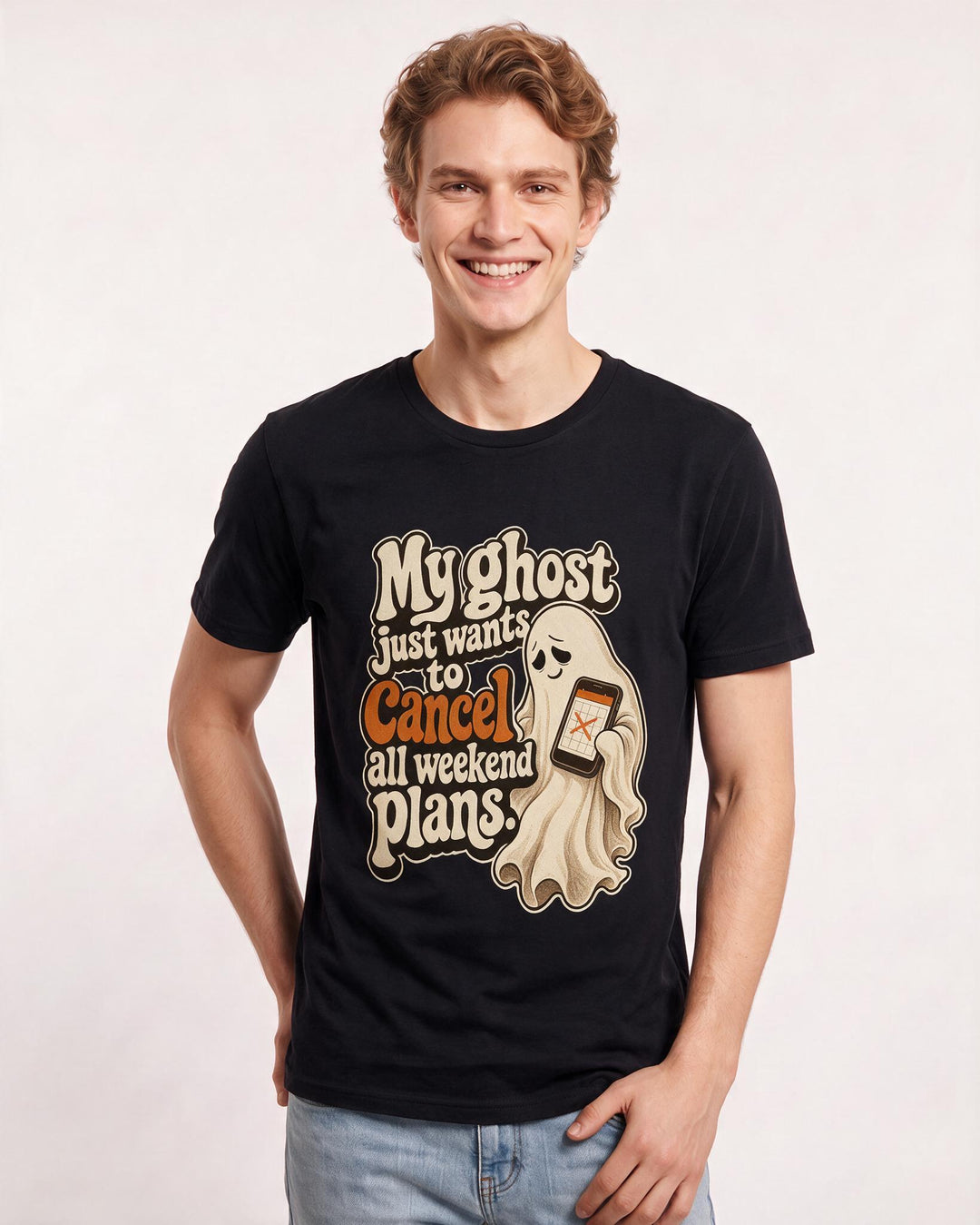 Funny Halloween Men's Black T-Shirt – My ghost just wants to cancel all weekend plans. product image 3