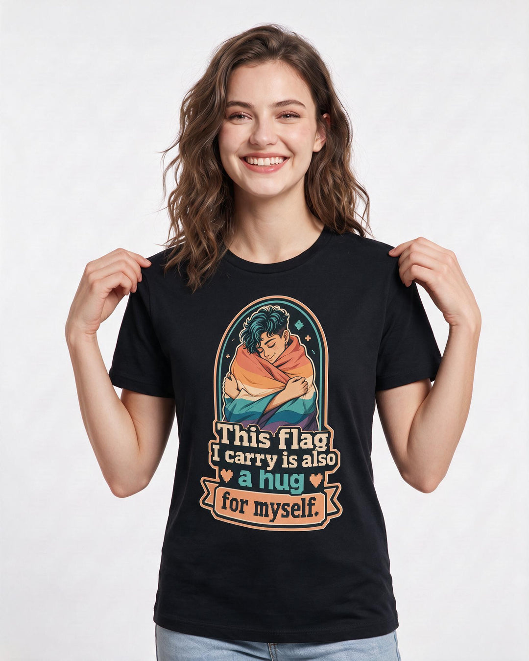 Pride Women's Black T-Shirt – This flag I carry is also a hug for myself. product image 3