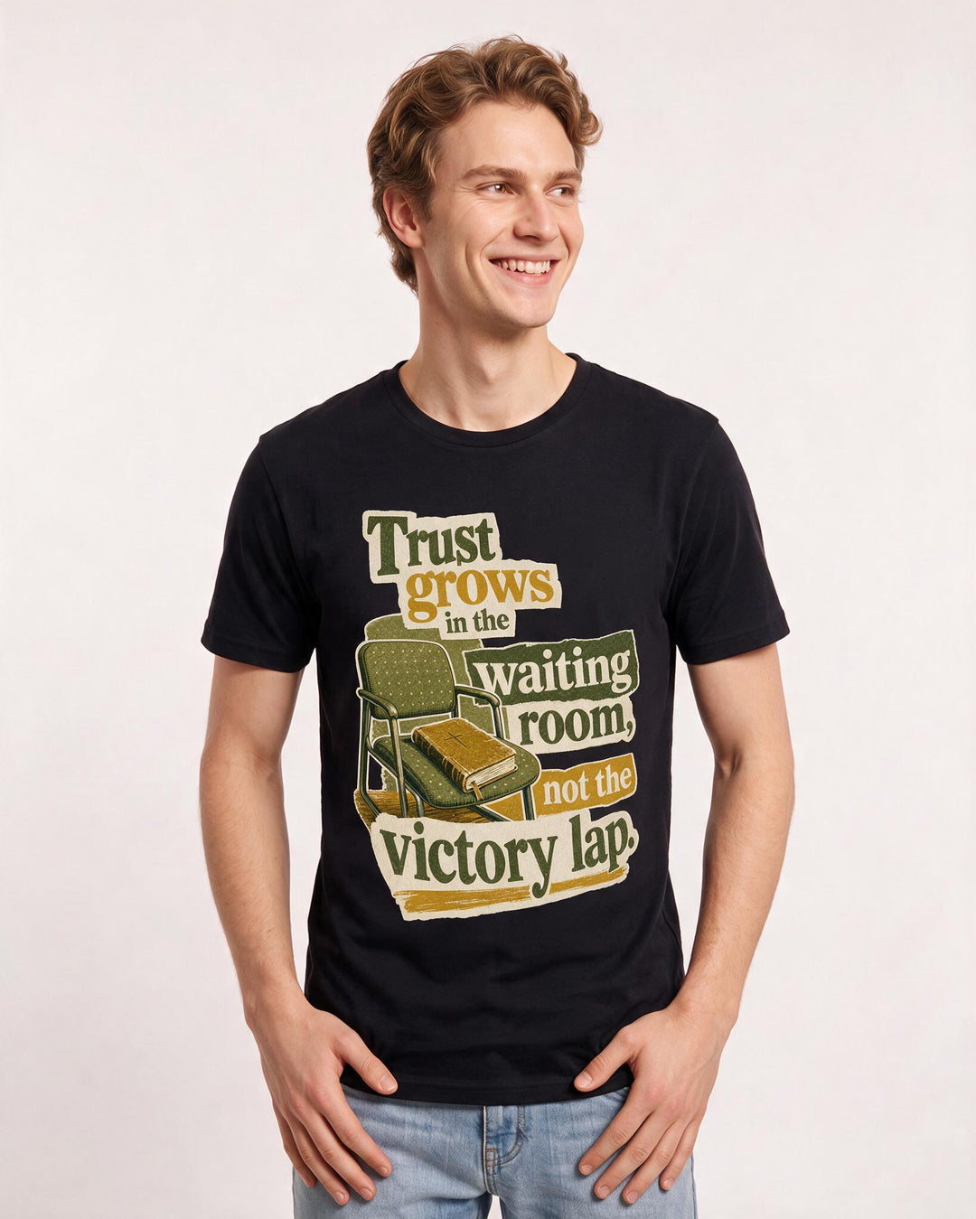 Christian Faith Men's Black T-Shirt – Trust grows in the waiting room, not the victory lap. product image 3
