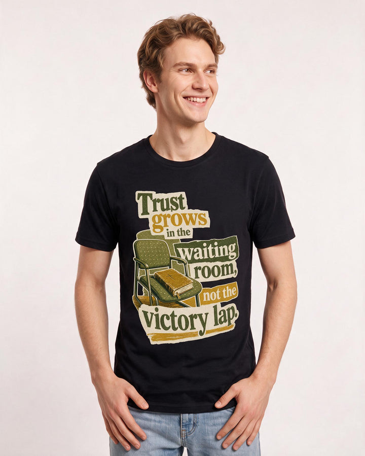 Christian Faith Men's Black T-Shirt – Trust grows in the waiting room, not the victory lap. product image 3