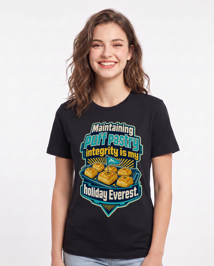 Funny Christmas Women's Black T-Shirt – Maintaining puff pastry integrity is my holiday Everest. product image 1