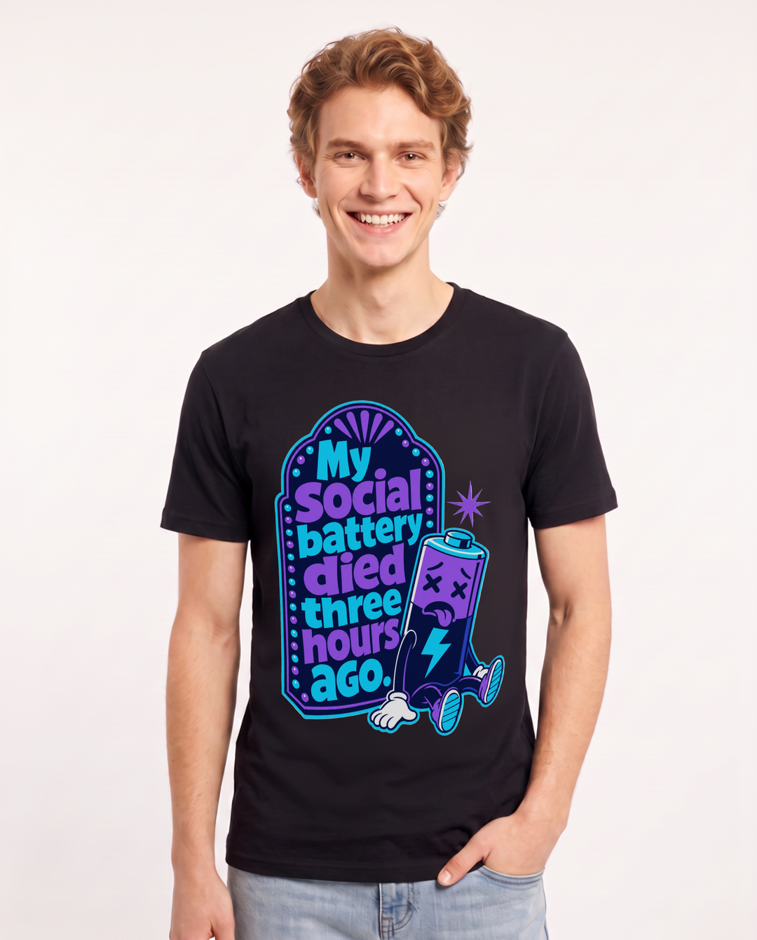 Graphic Men's Black T-Shirt - My social battery died three hours ago. product image 1