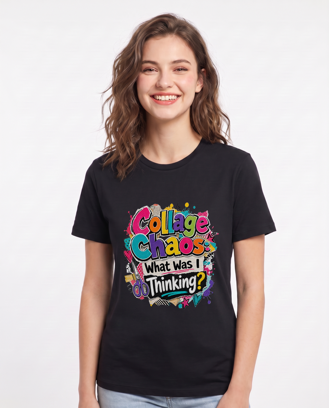 Collage Chaos: What Was I Thinking? Women's Black T-Shirt product image 2