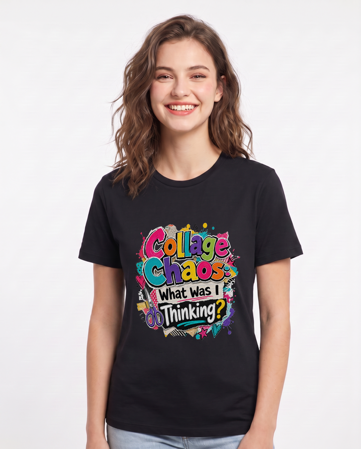 Collage Chaos: What Was I Thinking? Women's Black T-Shirt product image 2