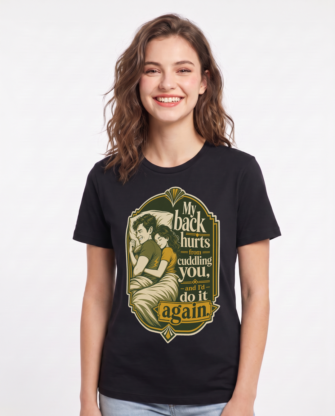 Funny Couples Women's Black T-Shirt – My back hurts from cuddling you, and I'd do it again product image 1