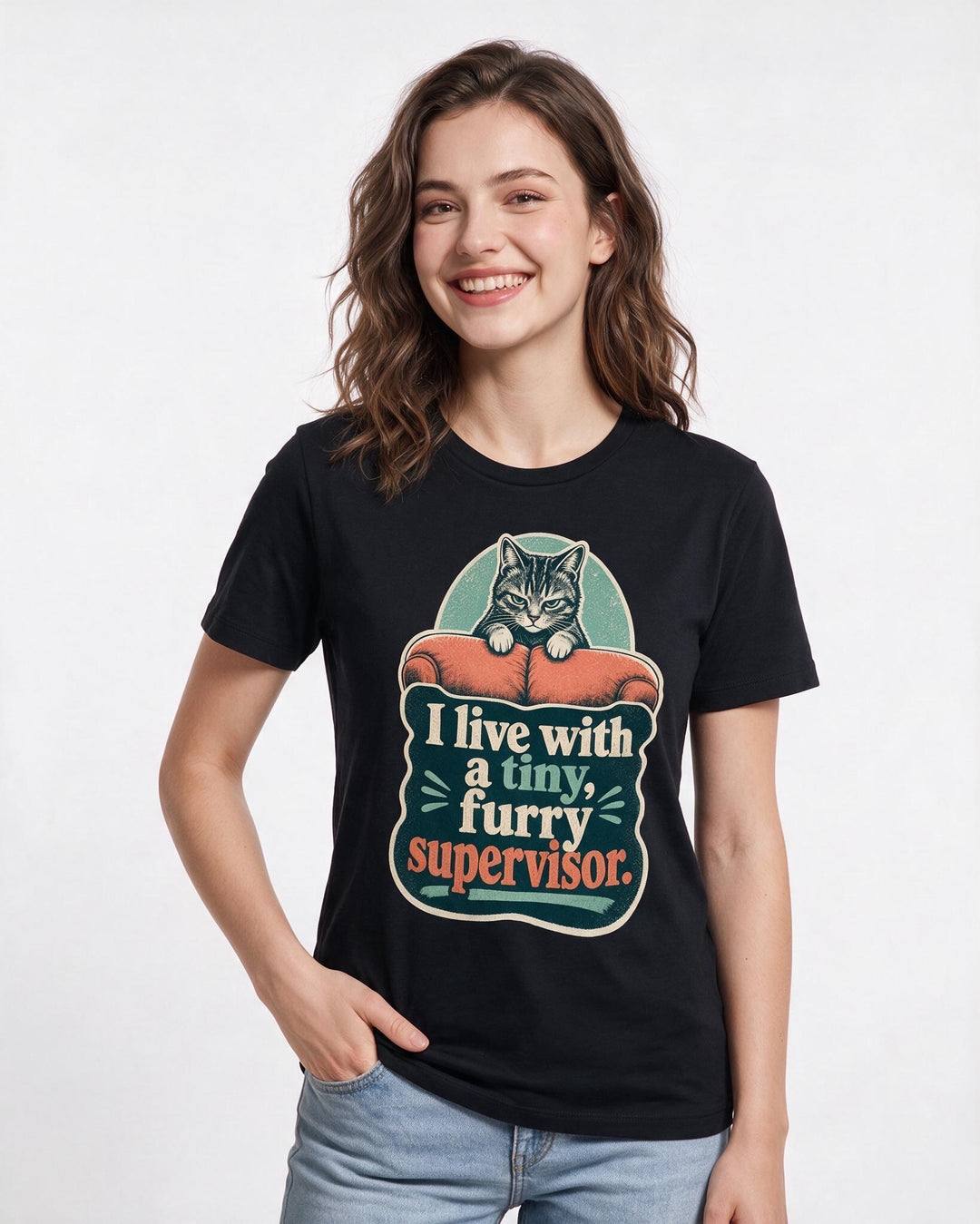 Cat Lover Women's Black T-Shirt – I live with a tiny, furry supervisor. product image 3