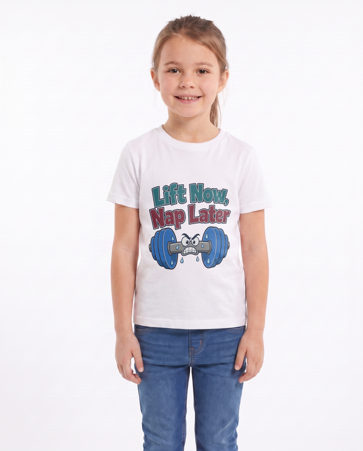 Lift Now, Nap Later White T-Shirt mockup 1