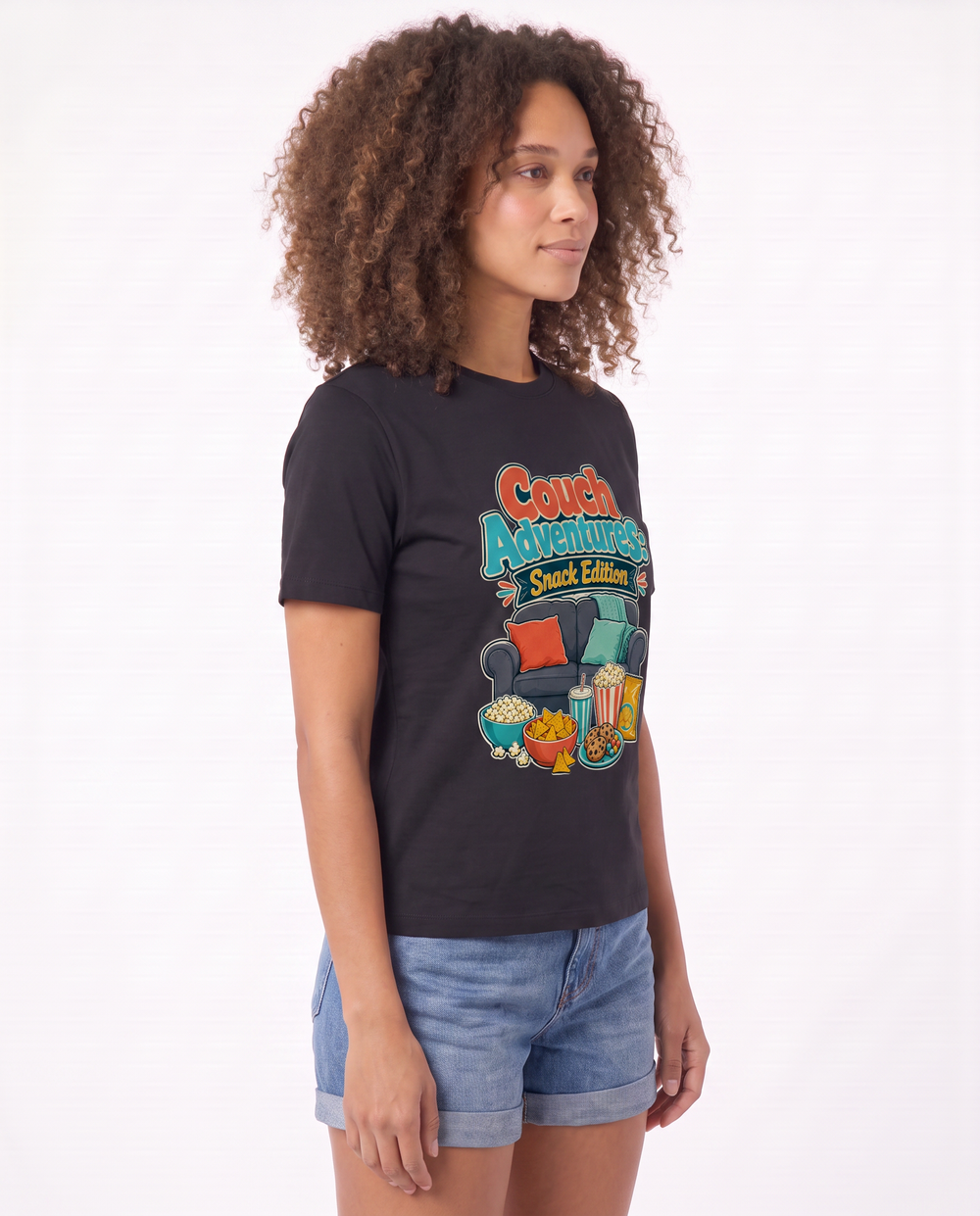 Couch Adventures: Snack Edition Black T-Shirt mockup 2