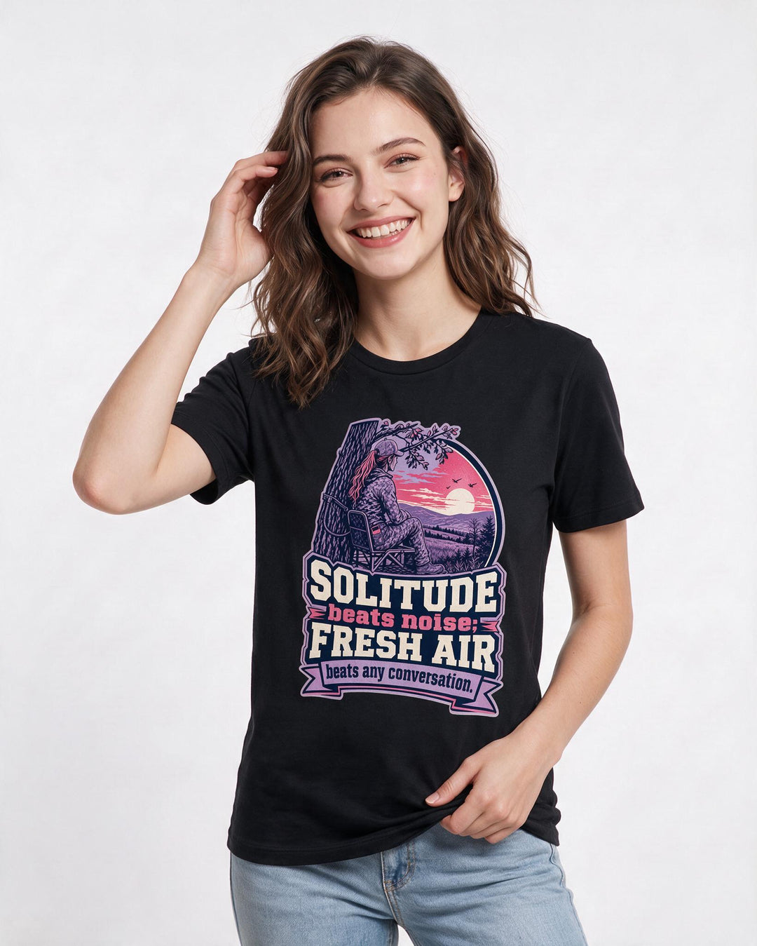 Hunting Women's Black T-Shirt – Solitude beats noise; fresh air beats any conversation. product image 3