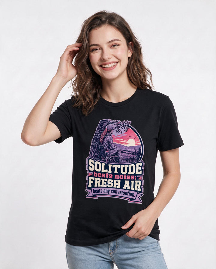 Hunting Women's Black T-Shirt – Solitude beats noise; fresh air beats any conversation. product image 3