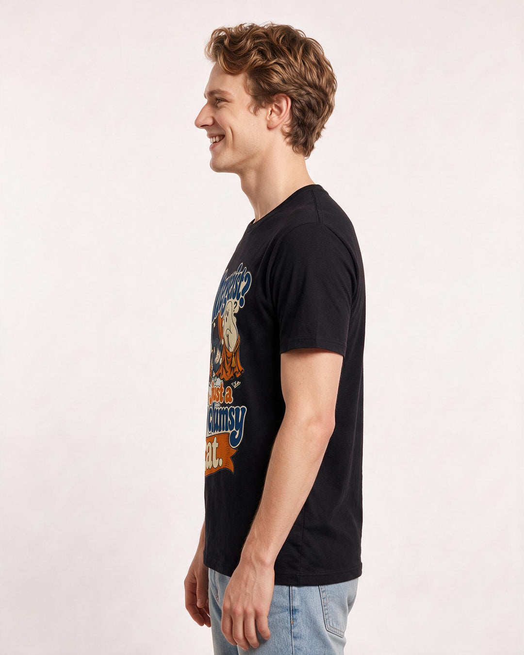 Funny Halloween Men's Black T-Shirt – Poltergeist? No, just a very clumsy cat. product image 2