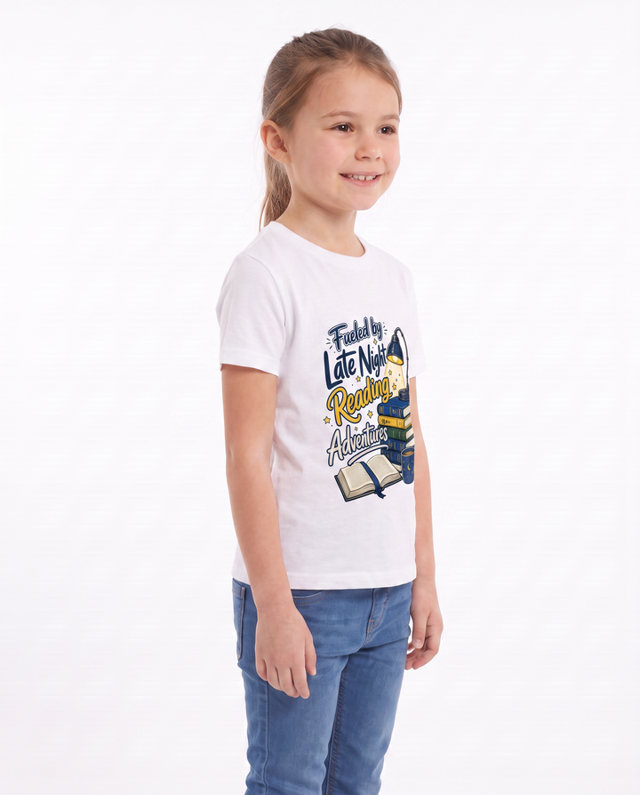 Fueled By Late Night Reading Adventures White T-Shirt mockup 2
