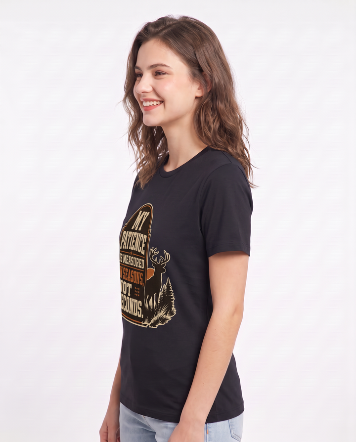 Hunting Women's Black T-Shirt - My patience is measured in seasons, product image 2