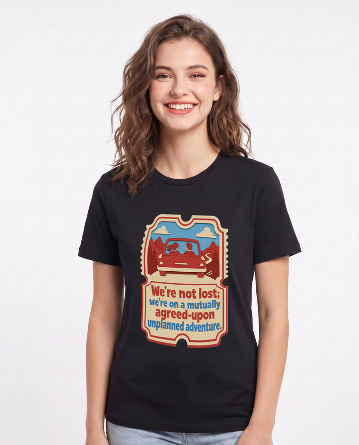 Couples Women's Black T-Shirt - We're not lost; we're on a mutually product image 1