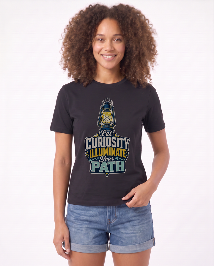 Let Curiosity Illuminate Your Path Black T-Shirt mockup 3