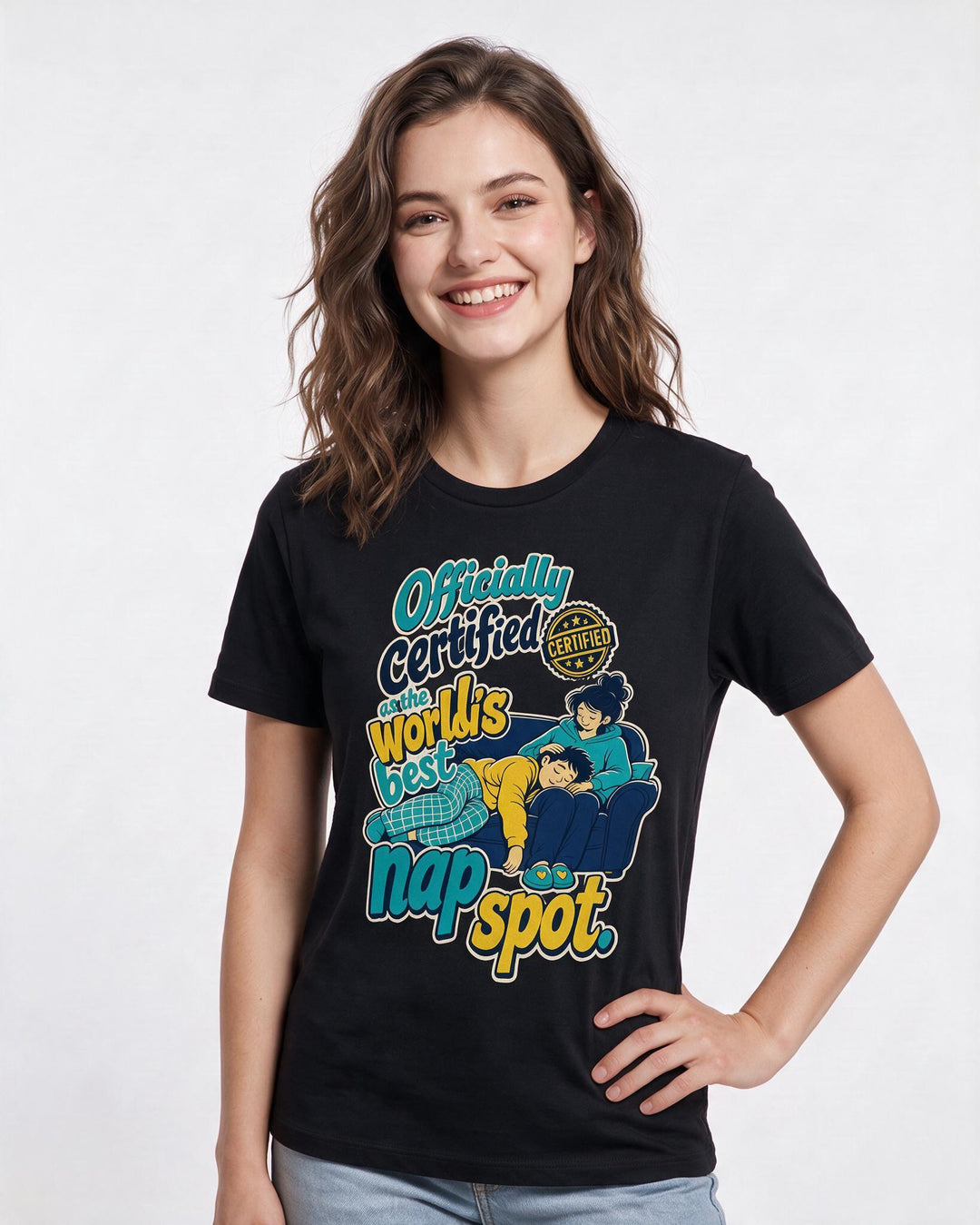 Funny Couples Women's Black T-Shirt – Officially certified as the world's best nap spot. product image 3