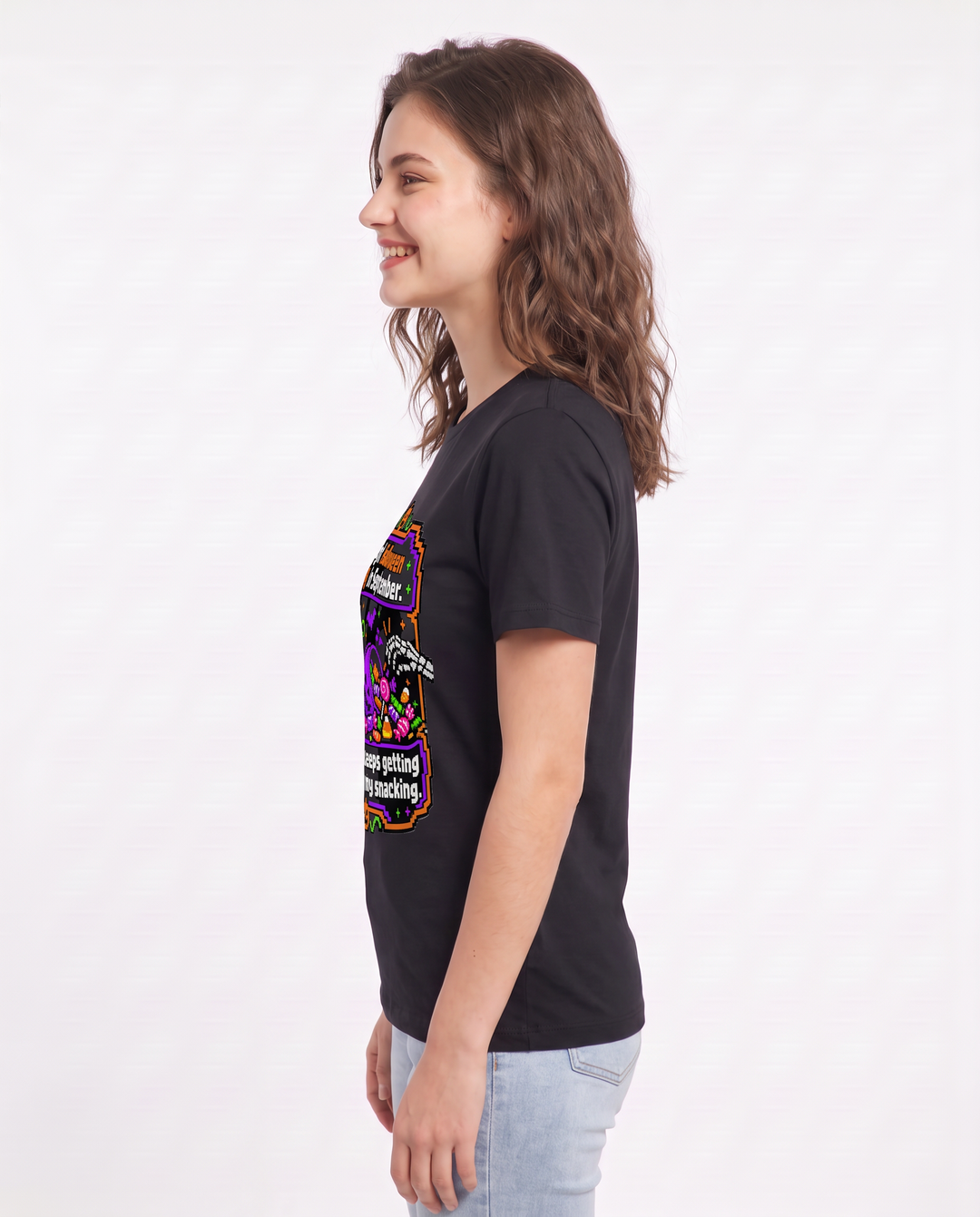 I bought Halloween candy in September. Halloween keeps getting delayed by my snacking. Women's Black T-Shirt product image 3