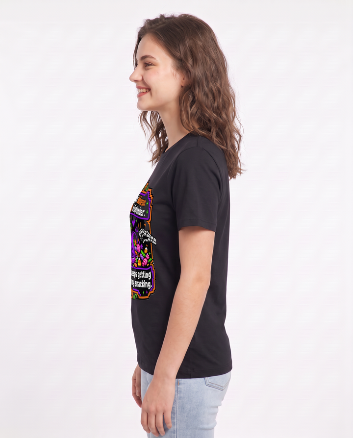 I bought Halloween candy in September. Halloween keeps getting delayed by my snacking. Women's Black T-Shirt product image 3