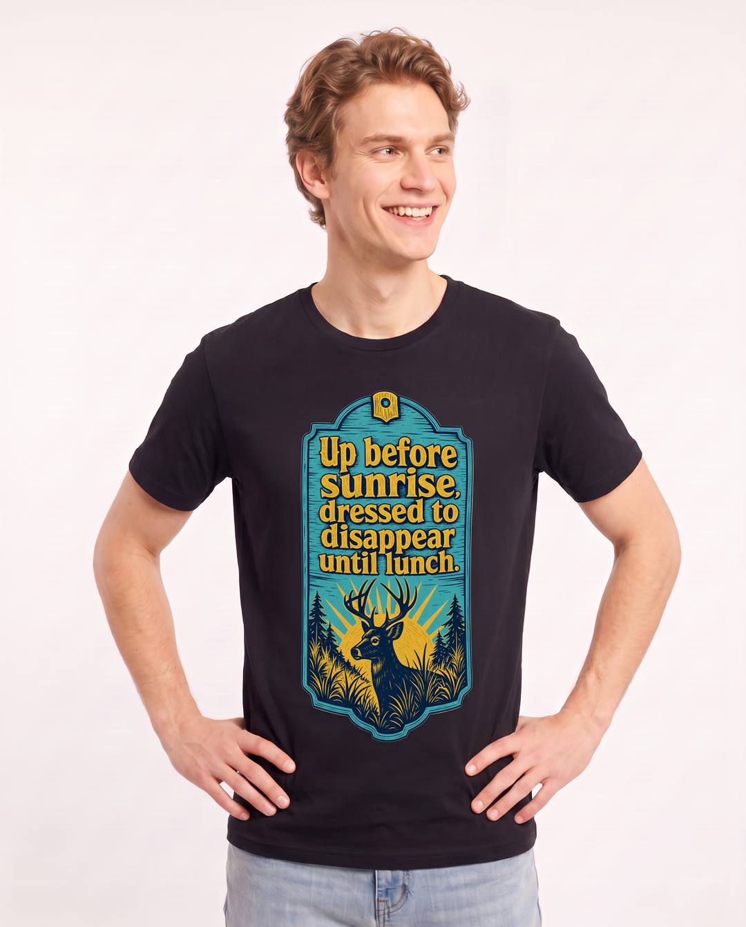 Up before sunrise, dressed to disappear until lunch. - Men's Black T-Shirt product image 1