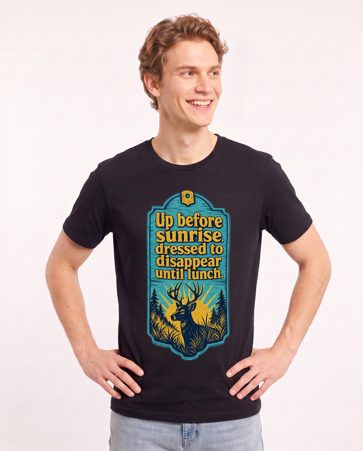 Up before sunrise, dressed to disappear until lunch. - Men's Black T-Shirt product image 1