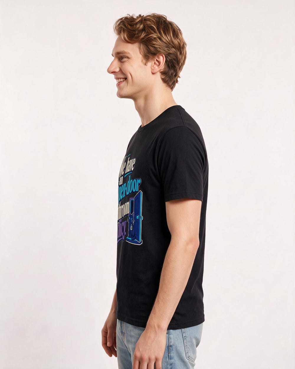 Funny Cat Lover Men's Black T-Shirt – We have an open-door bathroom policy. product image 2