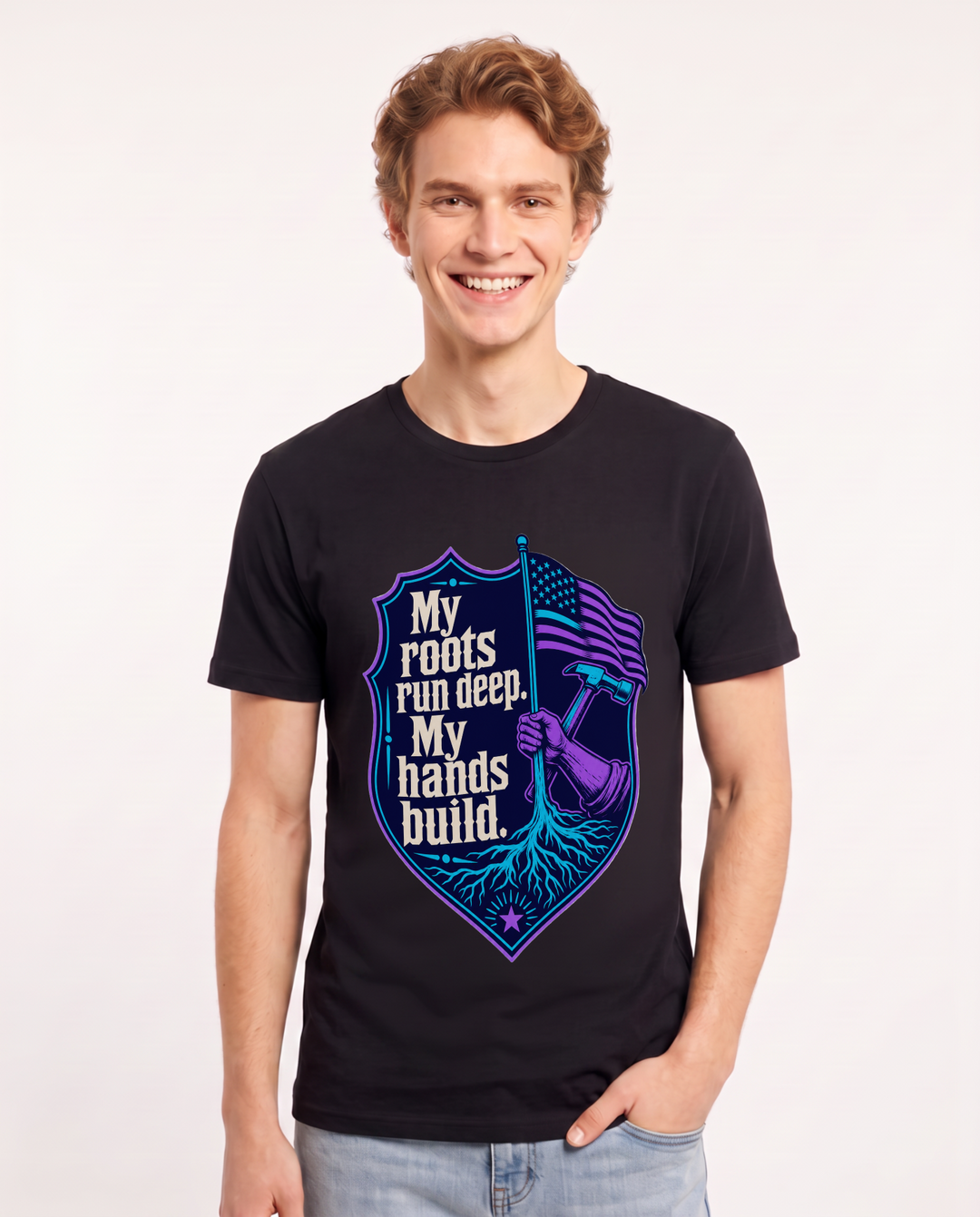 Graphic Men's Black T-Shirt - My roots run deep. My hands build. product image 1