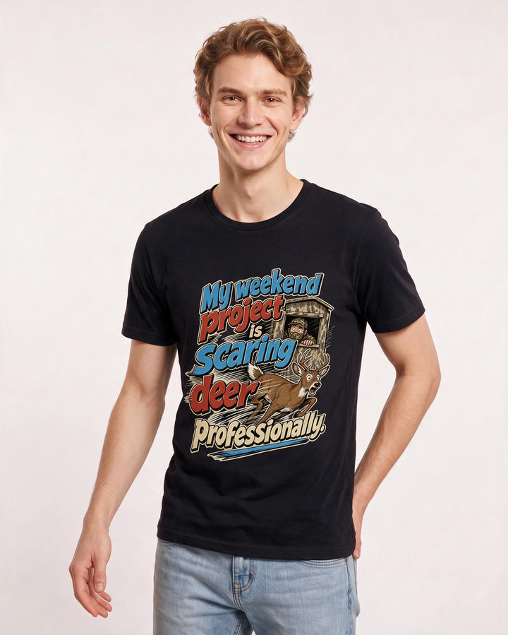 Funny Hunting Men's Black T-Shirt – My weekend project is scaring deer product image 3