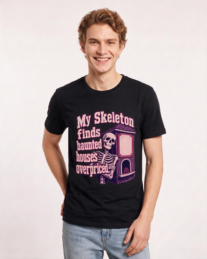 Funny Halloween Men's Black T-Shirt – My skeleton finds haunted houses overpriced product image 3