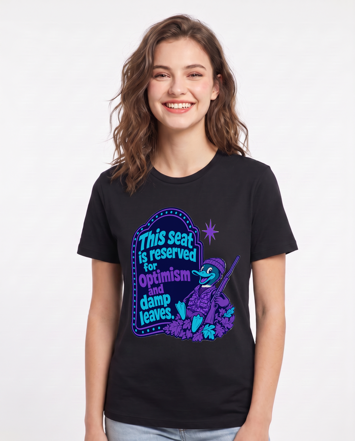 Hunting Women's Black T-Shirt - This seat is reserved for optimism and product image 1