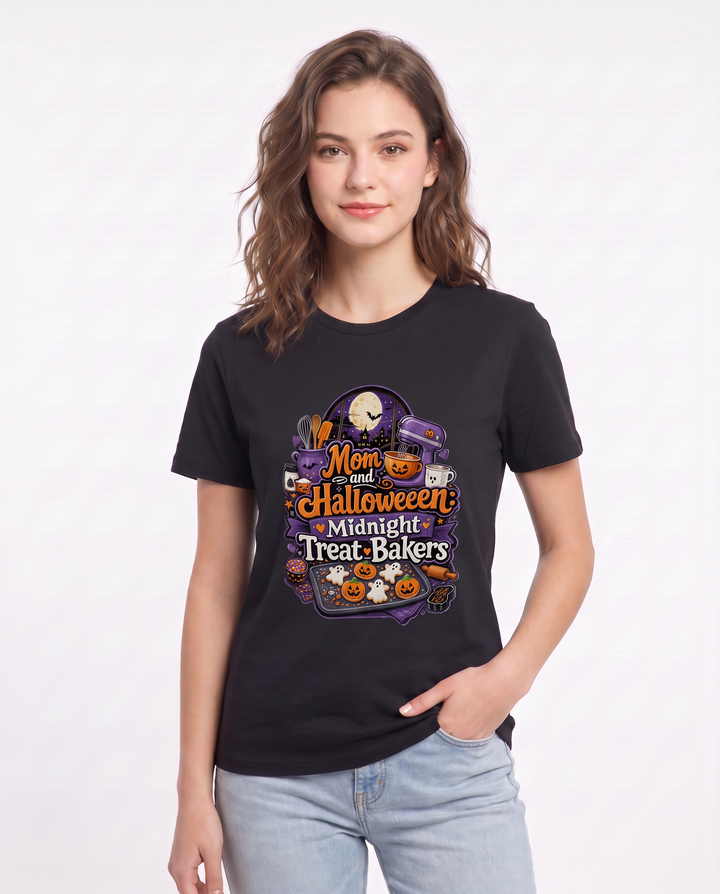 Mom and Halloween: Midnight Treat Bakers Women's Black T-Shirt product image 1